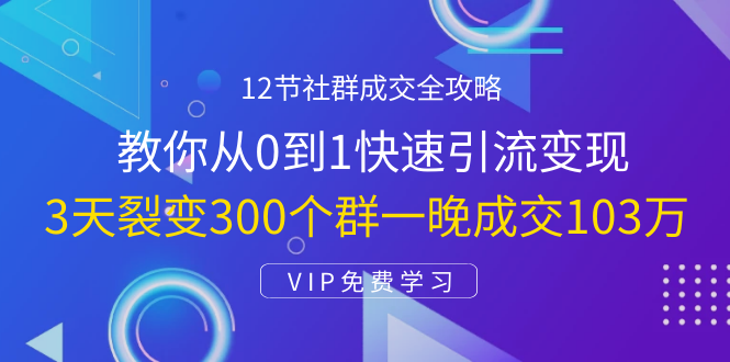 12节社群成交全攻略：从0到1快速引流变现，3天裂变300个群一晚成交103万-闪越社