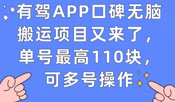 有驾APP口碑无脑搬运项目又来了，单号最高110块，可多号操作-闪越社