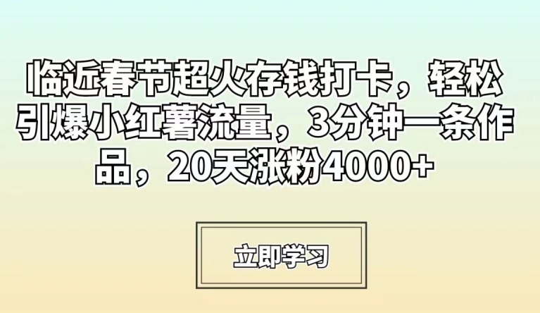 临近春节超火存钱打卡，轻松引爆小红薯流量，3分钟一条作品，20天涨粉4000+【揭秘】-闪越社