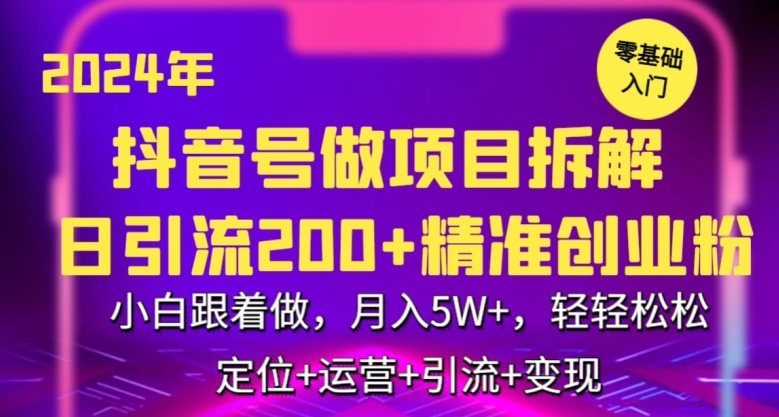 2024年抖音做项目拆解日引流300+创业粉，小白跟着做，月入5万，轻轻松松【揭秘】-闪越社