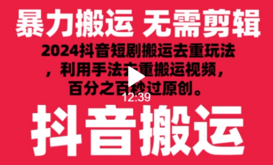 2024最新抖音搬运技术，抖音短剧视频去重，手法搬运，利用工具去重，达到秒过原创的效果【揭秘】-闪越社