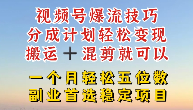 视频号爆流技巧，分成计划轻松变现，搬运 +混剪就可以，一个月轻松五位数稳定项目【揭秘】-闪越社